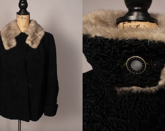 40s Coat //  Vintage 40's Persian Curly Lamb Coat with fur collar by P. Crandell Furs Omaha Size M L ABM ABW monogram