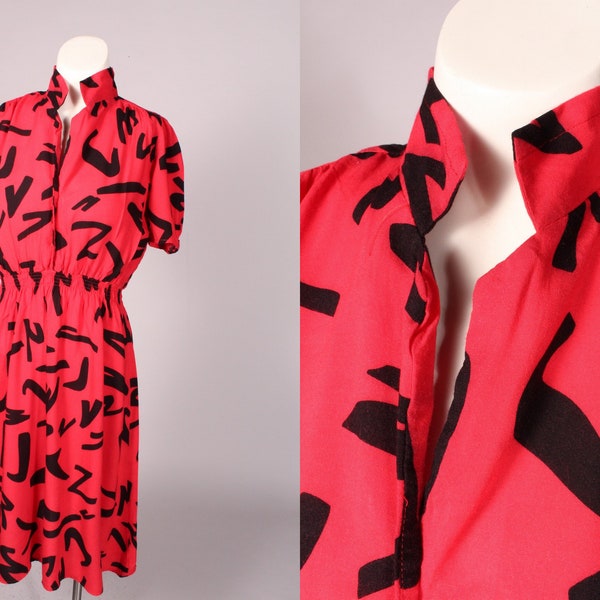 reserved for T  80s Dress //  Vintage 80s Red Black Print Dress by Laine Size S 24-28" waist soft day dress