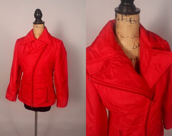 Vintage 70s 80s Red Ski Jacket by Ellesse Beconta size M ladies asymmetrical zipper