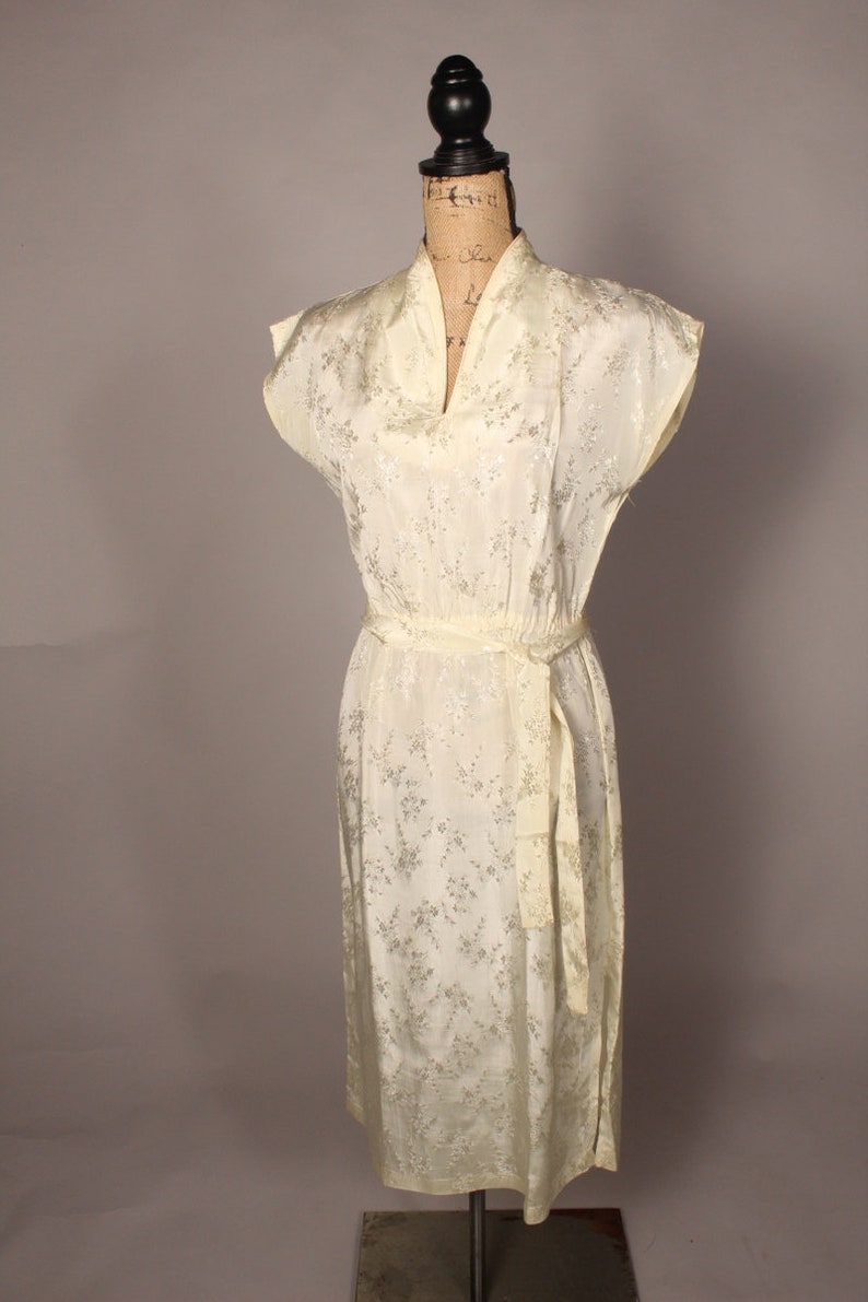 Vintage 80s Ivory Jacquard Dress Size M side slits image 7