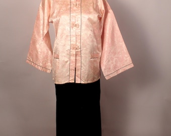 Vintage 50s 60s Pink Black Asian style Brocade Pajamas Size M L <appear unworn!>