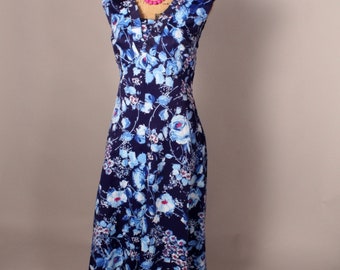 Vintage 60s Blue Floral Maxi Dress Size L 32" waist