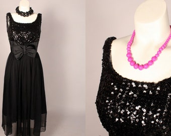 50s Dress // Vintage 50s Black Sequin Chiffon Satin Party Dress ~AS-IS~ Size S M 27" waist