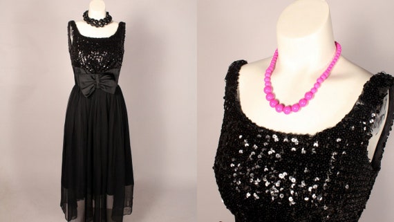 50s Dress // Vintage 50s Black Sequin Chiffon Sat… - image 1