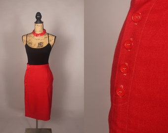 Vintage 60s 70s Red Linen Skirt with button closure Size S XS 26" waist