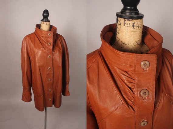 Vintage 80s 90s Caramel Brown Leather Jacket Coat… - image 1