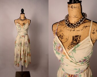 Vintage 70s 80s Beige Floral Summer Dress by Trolley Car Size S 26" waist