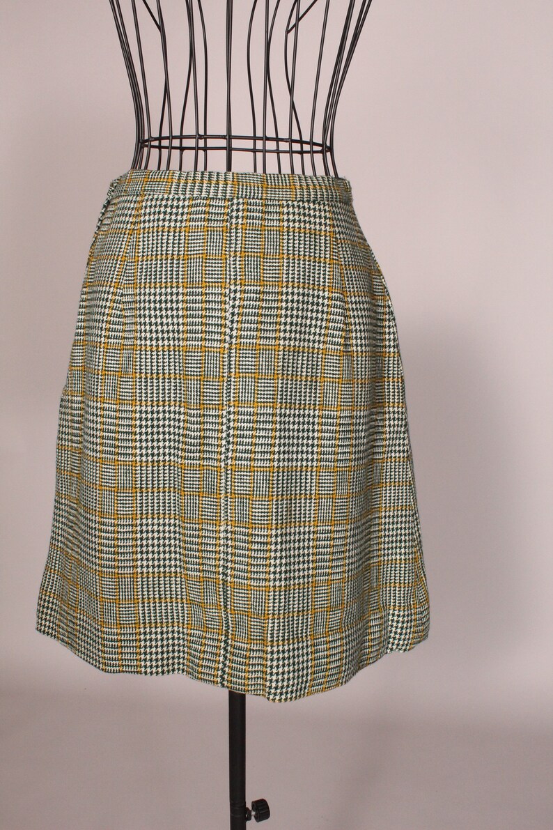 Vintage 60-tals grön rutig minikjol från Scaasi för Lortogs, storlek S, midja 64 cm bild 6