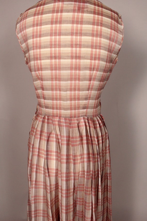 50s Dress //  Vintage 50s Tan Red Plaid Muslin Dr… - image 9