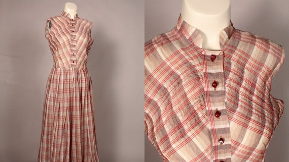 50s Dress //  Vintage 50s Tan Red Plaid Muslin Dr… - image 1