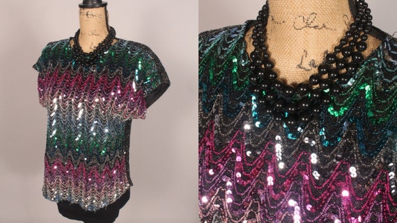 70s 80s Top //  Vintage 70s 80s Sparkly Colorful … - image 1