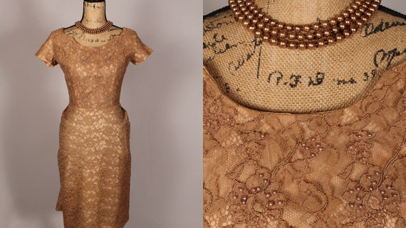 50s 60s Dress //  Vintage 50s 60s Tan Taupe Lace … - image 1