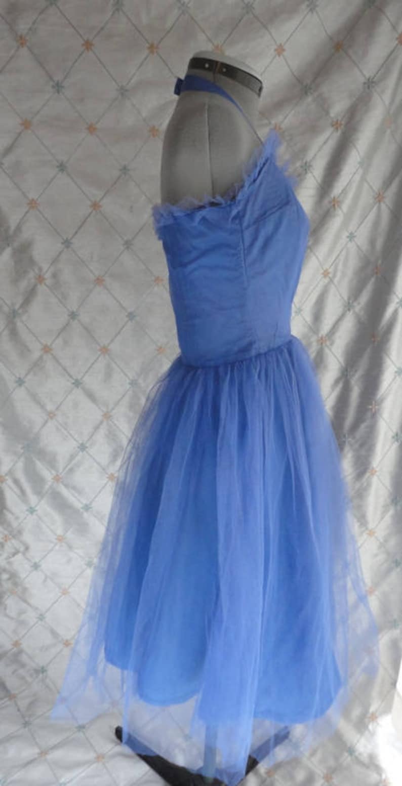 Vintage 50s Dress Vintage 50/'s Periwinkle Blue Tulle and Satin Prom Dress with Neck Strap Size S 24 waist metal side zipper