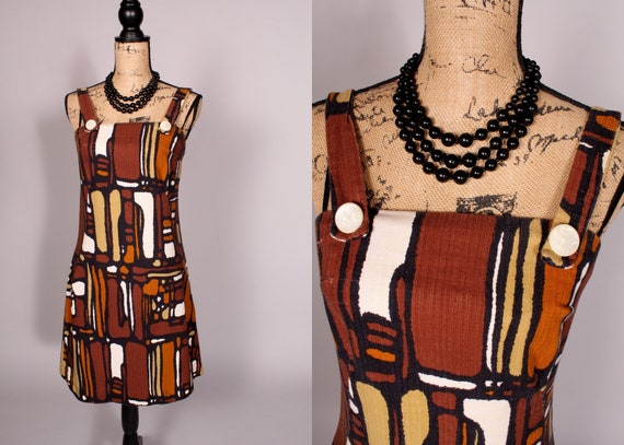 60s 70s Dress // Vintage 60s 70s Brown Black Prin