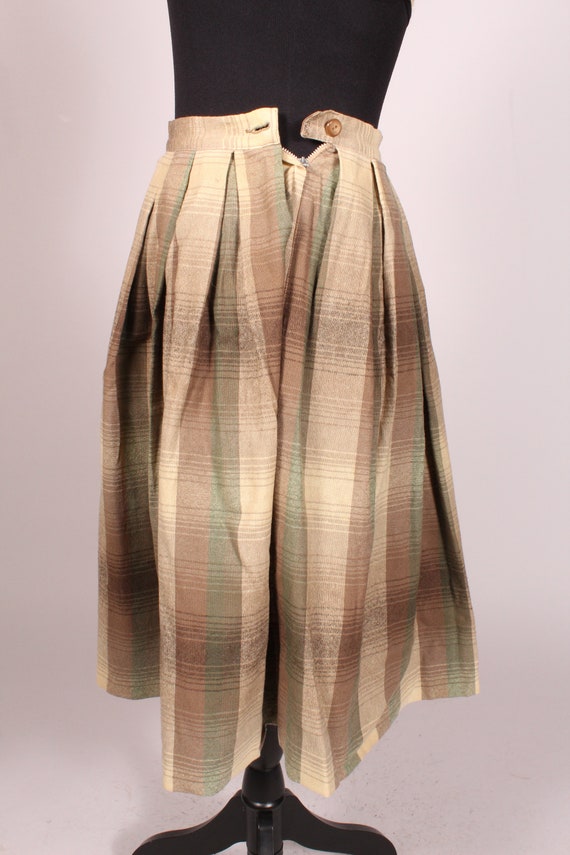 50s Skirt //  Vintage 50s 60s Tan Brown Green Pla… - image 6