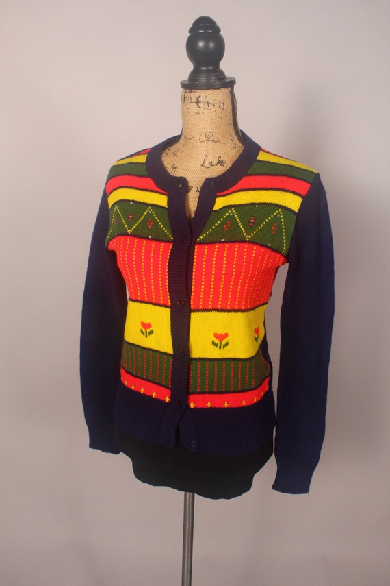 Vintage 70s 80s Blue Red Yellow Cardigan Sweater … - image 6