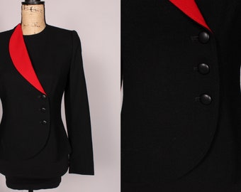 80s Blazer //  Vintage 80s Black Red Wool Blazer by Bert Newman Suitime  Size M fitted asymmetrical buttons