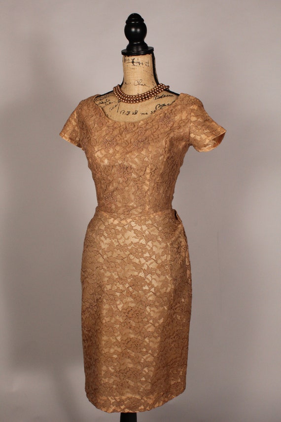 50s 60s Dress //  Vintage 50s 60s Tan Taupe Lace … - image 5