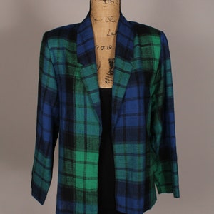 Vintage 80s Blue Green Plaid Blazer Size M by Vino de Casa made in Japan poly/rayon blend linen-look