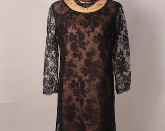 Vintage 60s Black Lace Dress  by Leslie Fay Original Size L