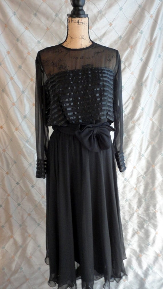 80s Dress //  Vintage 80s Black Chiffon Dress wit… - image 2