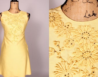 60s Dress // Vintage 60s Yellow Mini Dress with Rhinestones Dimensional Flowers by Sylvia Ann Sz M 29" waist