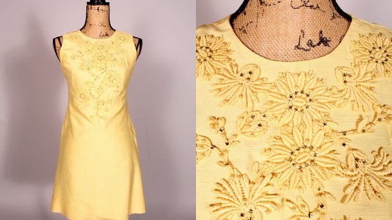 60s Dress // Vintage 60s Yellow Mini Dress with R… - image 1