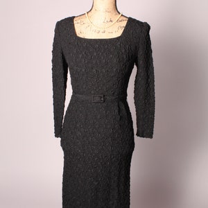 Vintage 50s Black Textured Dress with Matching Belt Size S 26&quot; waist figure hugging form fitting bombshell square neckline