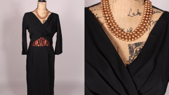 50s Dress  //  Vintage 50s Black Rayon Dress with… - image 1