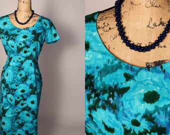 50s 60s Dress //  Vintage 50s 60s Blue Floral Wiggle Dress Size M 28" waist cotton