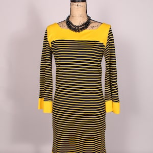 Vintage 60s Yellow and Navy Blue Striped Dress Size M square neck mod