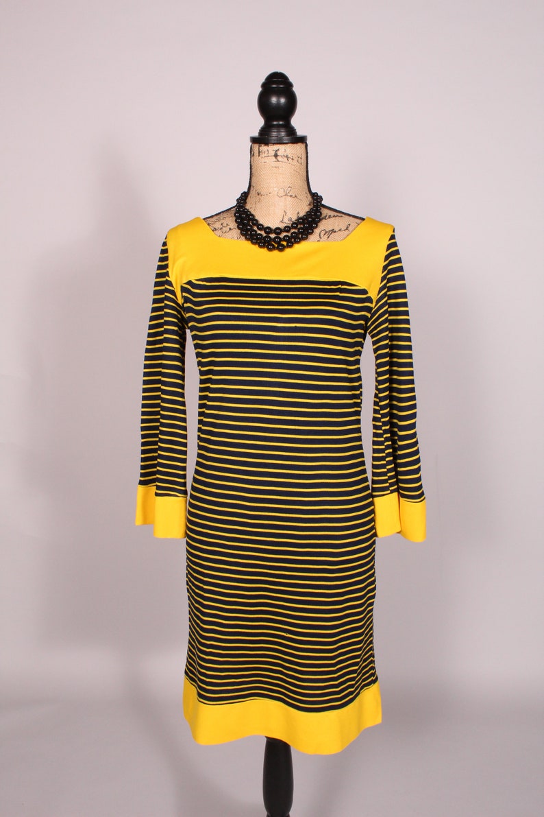 Vintage 60s Yellow and Navy Blue Striped Dress Size M square neck mod