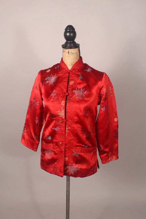 Vintage 60s Red Satin Chinese Reversible Jacket by Solz Squirrel