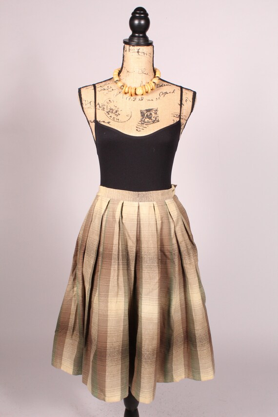 50s Skirt //  Vintage 50s 60s Tan Brown Green Pla… - image 2