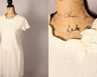 Vintage 60s 70s White Terrycloth Top and Skirt Set with Flower Accent Size M