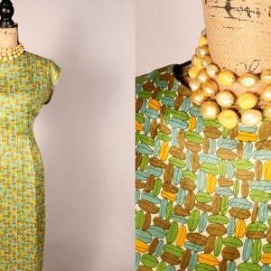 Vintage 40s 50s Dress, Green Brown Print Dress, Surfboard Print Dress, 40s Jersey Dress, 50s Rayon Dress, Leaf Print Dress, Size L 31 waist image 1