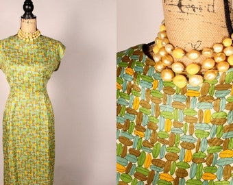 Vintage 40s 50s Dress, Green Brown Print Dress, Surfboard Print Dress, 40s Jersey Dress, 50s Rayon Dress, Leaf Print Dress, Size L 31" waist