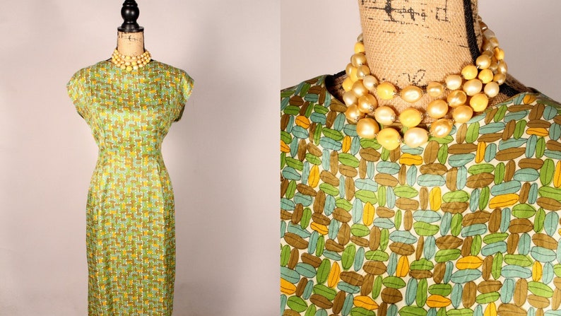 Vintage 40s 50s Dress, Green Brown Print Dress, Surfboard Print Dress, 40s Jersey Dress, 50s Rayon Dress, Leaf Print Dress, Size L 31 waist image 1