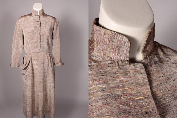 30s 40s Dress // Vintage 30s 40s Tan Dupioni Silk