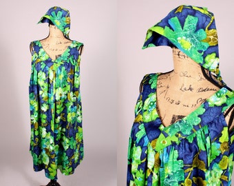 60s 70s Dress //  Vintage 60s 70s Blue Green Floral Hawaiian Dress + Matching Head Scarf Size M