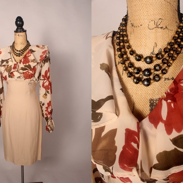 Vintage 80s Tan Linen & Floral Chiffon Dress by Erica Fashion Size M L tan rust brown