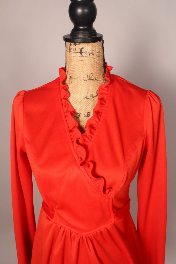 60s 70s Orange Ruffly Mini Dress, Vintage Mini Dr… - image 3