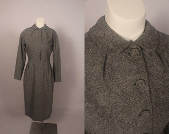 Vintage 50s gray wool dress with button front and metal side zipper Size S 24" waist