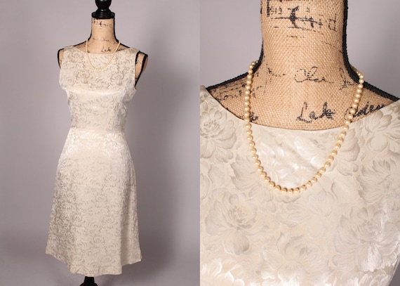 50s 60s Dress //  Vintage 50s 60s Ivory Floral Ja… - image 1