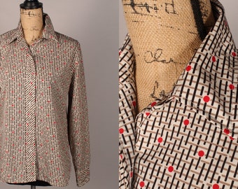 70s Blouse //  Vintage 70s Print Blouse Shirt by Prestige Boston  Size M L black white tan geometric print red dots