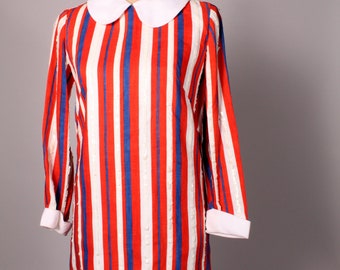 Vintage 60s Red White & Blue Striped Linen Dress Size M  with Sequin Accents and Peter Pan Collar