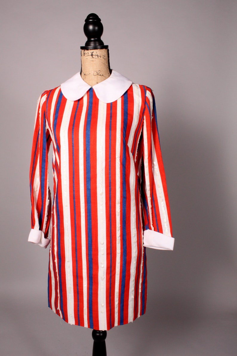 60s Dress // Vintage 60s Red White & Blue Striped Linen Dress Size M with Sequin Accents and Peter Pan Collar image 2