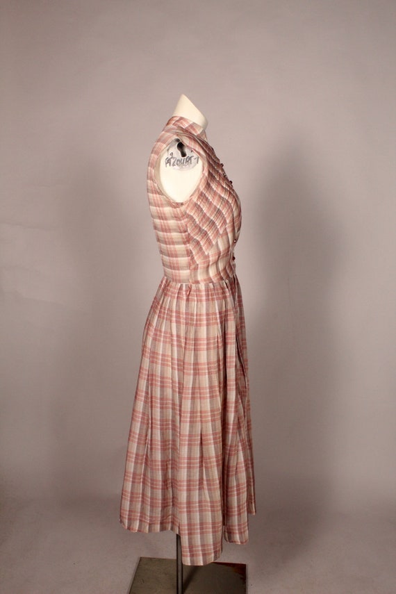 50s Dress //  Vintage 50s Tan Red Plaid Muslin Dr… - image 7