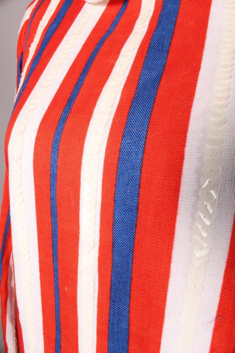 60s Dress // Vintage 60s Red White & Blue Striped Linen Dress Size M with Sequin Accents and Peter Pan Collar image 6