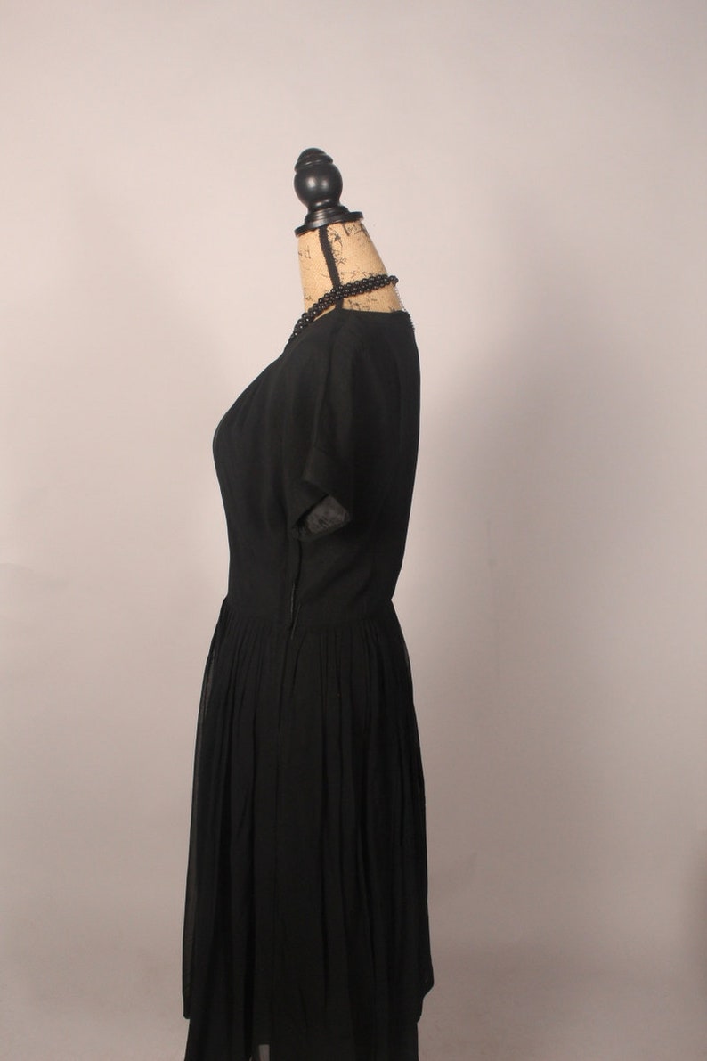 50s Black Dress, Vintage 50s Dress, 50s Black Chiffon Dress, 50s Dress by Forever Young Puritan, 50s Dress Size L, Black Dress 30 waist image 7